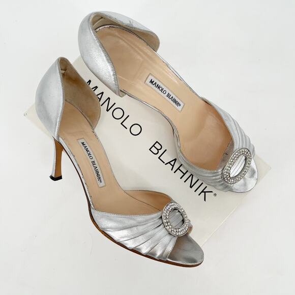 Vintage Manolo Blahnik Silver Leather y2k Sedaraby Crystal D’Orsay Heels IT 41.5 - Picture 1 of 15